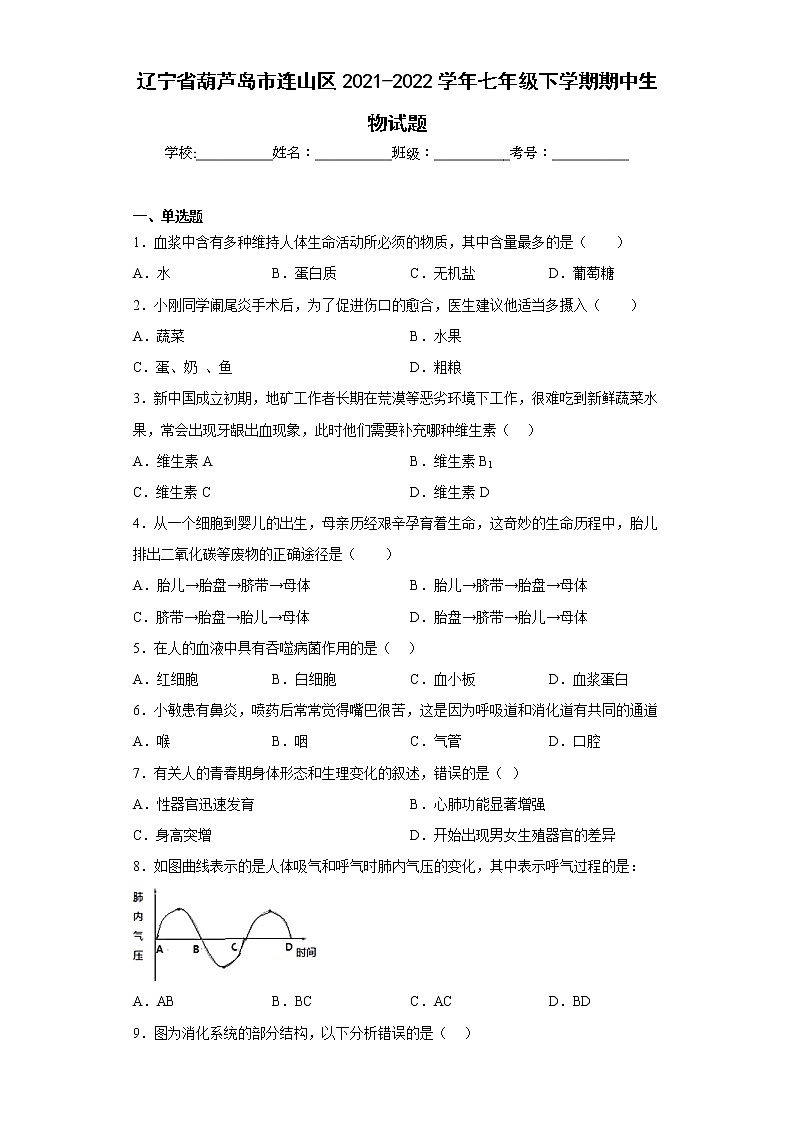 辽宁省葫芦岛市连山区2021-2022学年七年级下学期期中生物试题(含答案)第1页