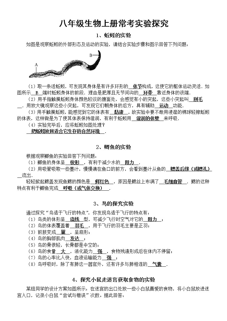 初中生物八年级上册常考实验探究汇总第1页