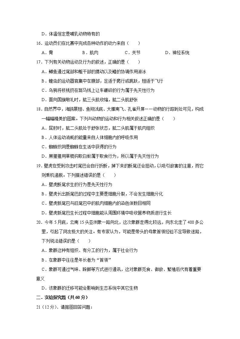 四川省江油市八校联考2022-2023学年八年级上学期第一次月考生物试题（含答案）第3页