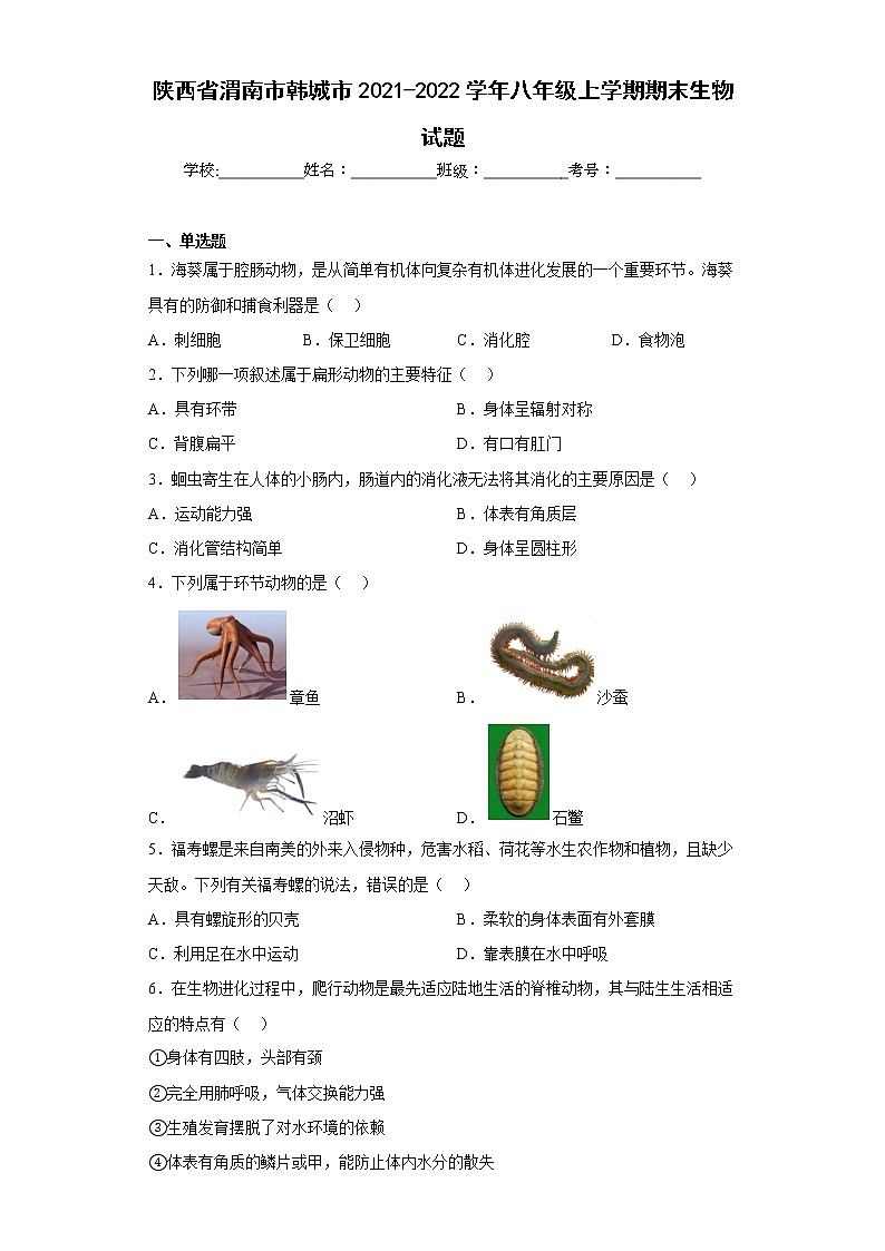 陕西省渭南市韩城市2021-2022学年八年级上学期期末生物试题(含答案)第1页
