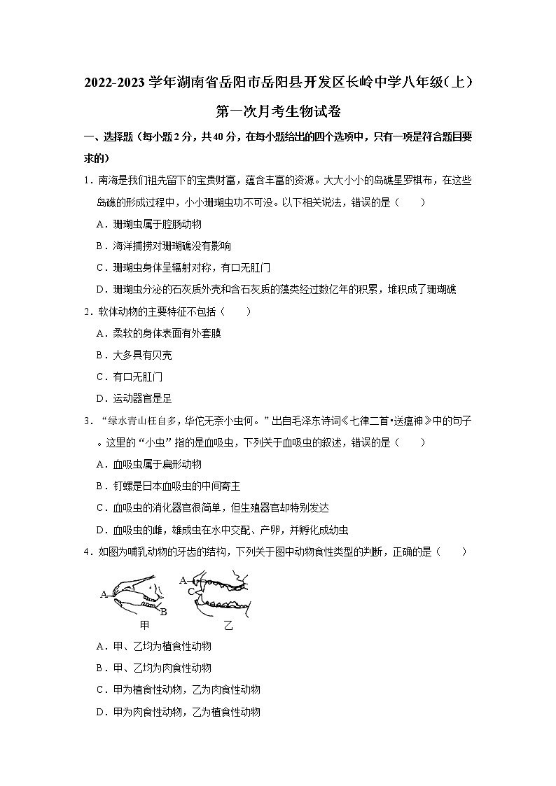 湖南省岳阳市岳阳县开发区长岭中学2022-2023学年八年级上学期第一次月考生物试卷(含答案)第1页