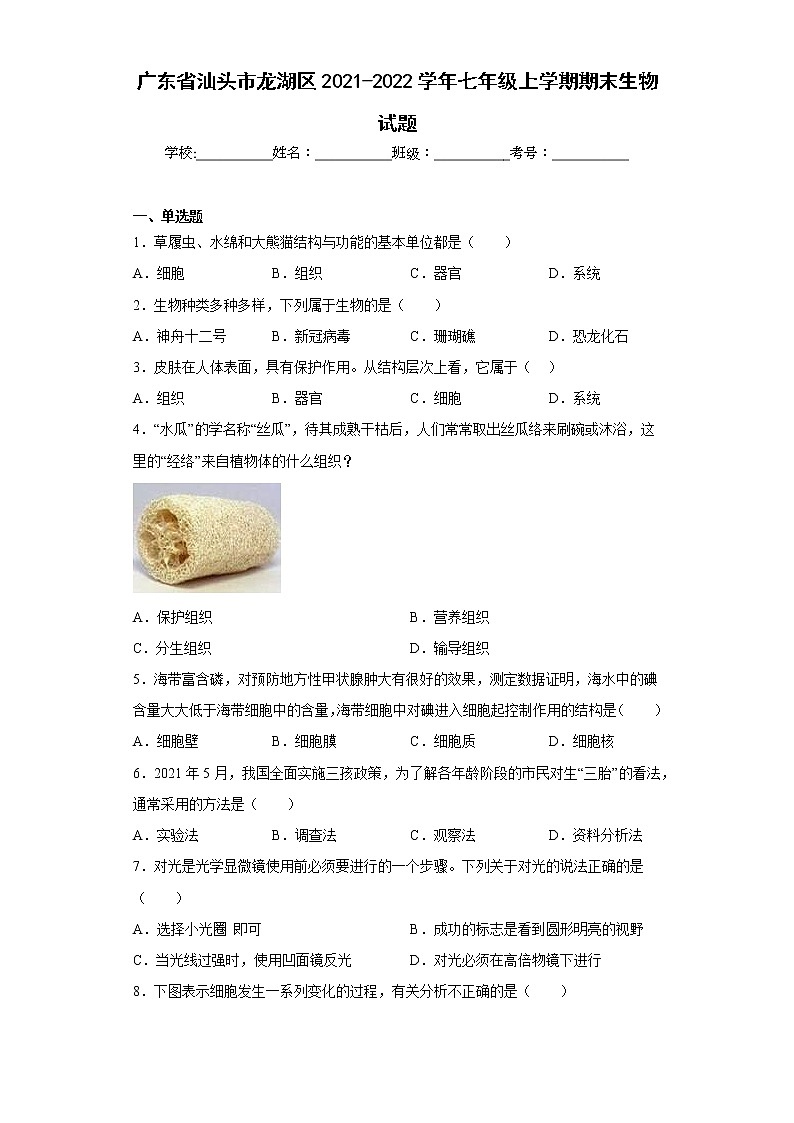 广东省汕头市龙湖区2021-2022学年七年级上学期期末生物试题(含答案)01