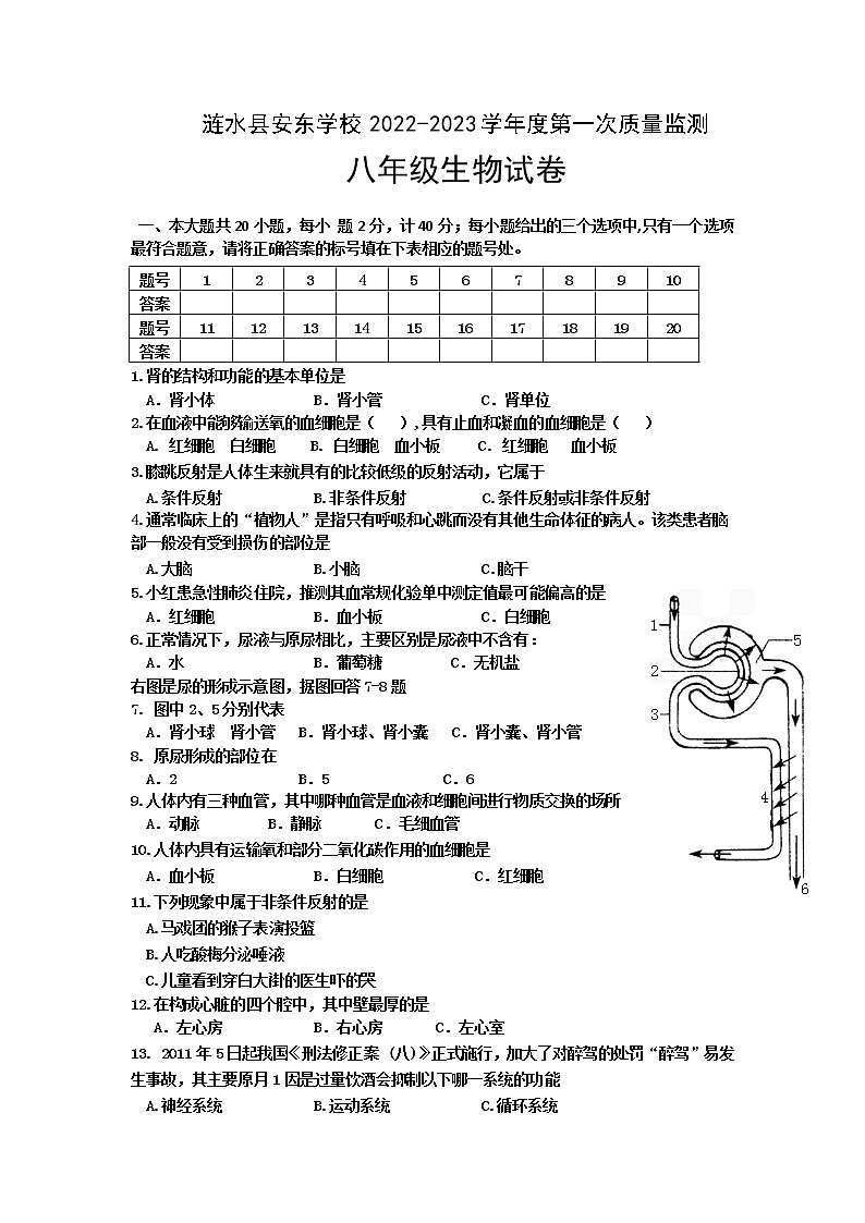 江苏省淮安市涟水县安东学校2022-2023学年八年级上学期第一次质量监测生物试卷（含答案）01