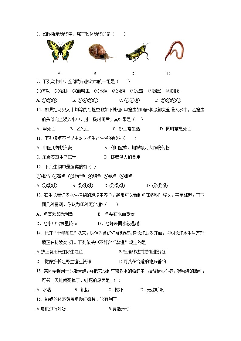 安徽省涡阳高炉学校2022-2023学年八年级上生物第一次月考生物试卷(含答案)02