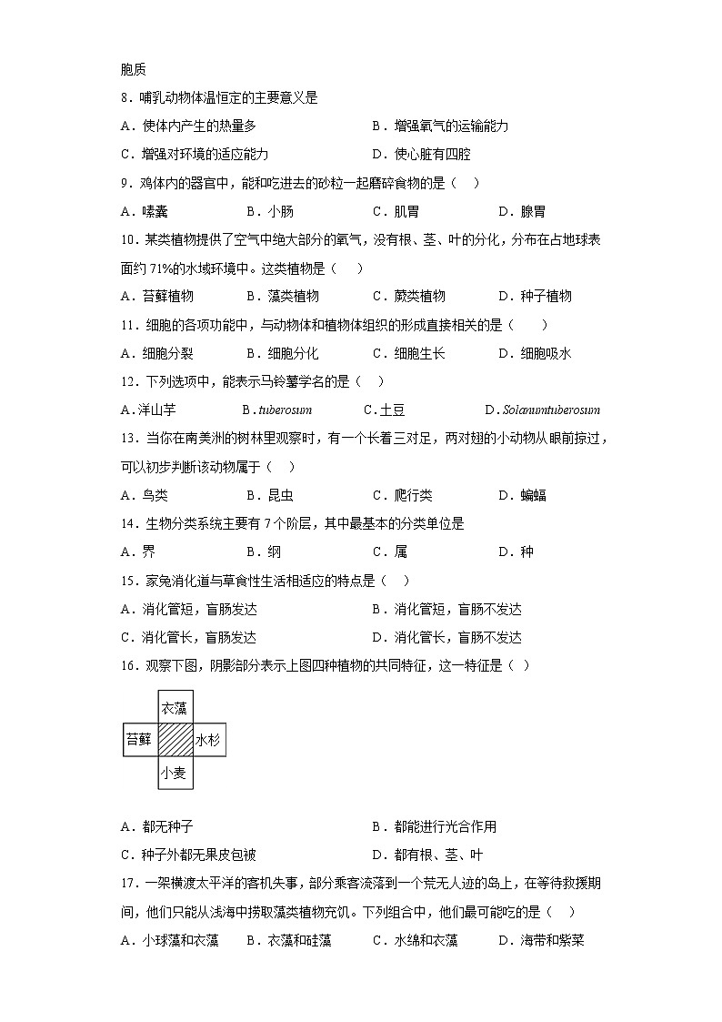 江苏省宜兴市张渚徐舍联盟2021-2022学年七年级下学期期中生物试题(含答案)02