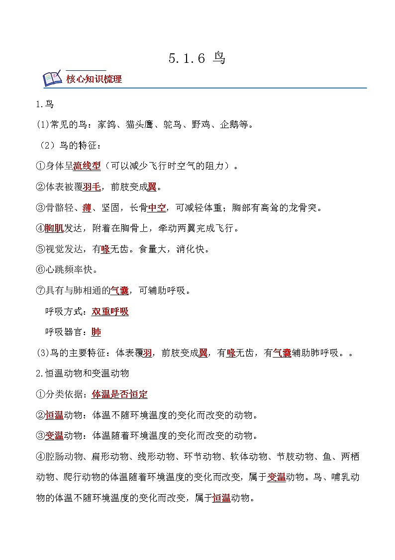 【培优分级练】人教版生物八年级上册 5.1.6《鸟》同步分级练（含解析）01