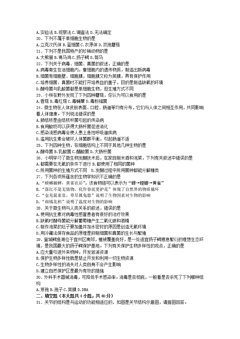 安徽省宣城市第六中学2022-2023学年八年级上学期期中生物试卷(含答案)第3页