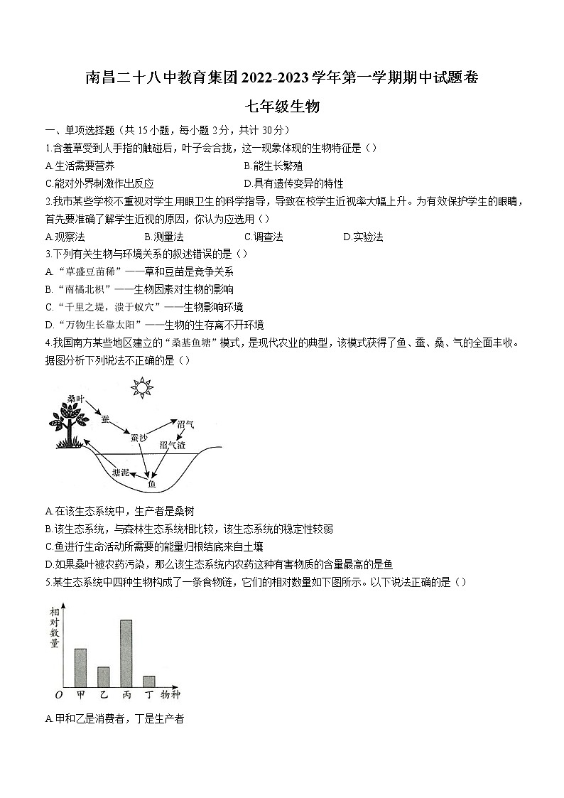 江西省南昌市第二十八学中教育集团 2022-2023 学年七年级上学期期中生物试题(含答案)01