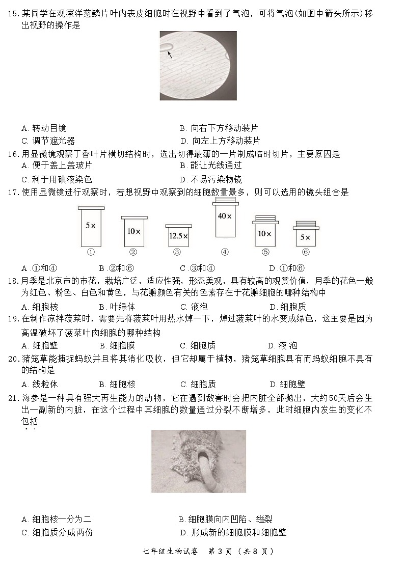 北京市通州区2022--2023学年七年级上学期期中生物试卷(含答案)03