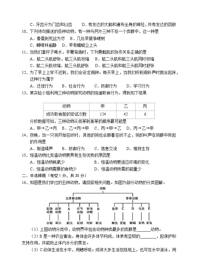 湖北省襄阳市老河口市2022-2023学年八年级上学期期中学业质量检测生物试题(含答案)第2页