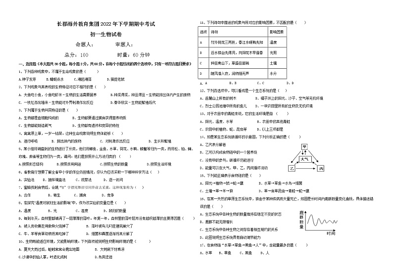 湖南省长沙市长郡雨外教育集团2022-2023学年七年级上学期期中考试生物试题(含答案)第1页