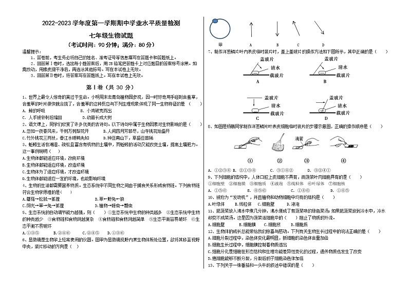 2022-2023学年山东省青岛市市南区七年级上学期期中生物试题（含答案）第1页