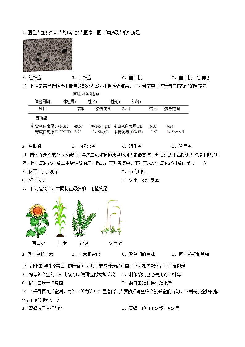 精品解析：2021年广东省广州市中考生物试题03