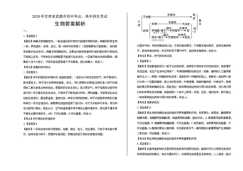 2020年甘肃省武威中考生物试卷含答案Word版01