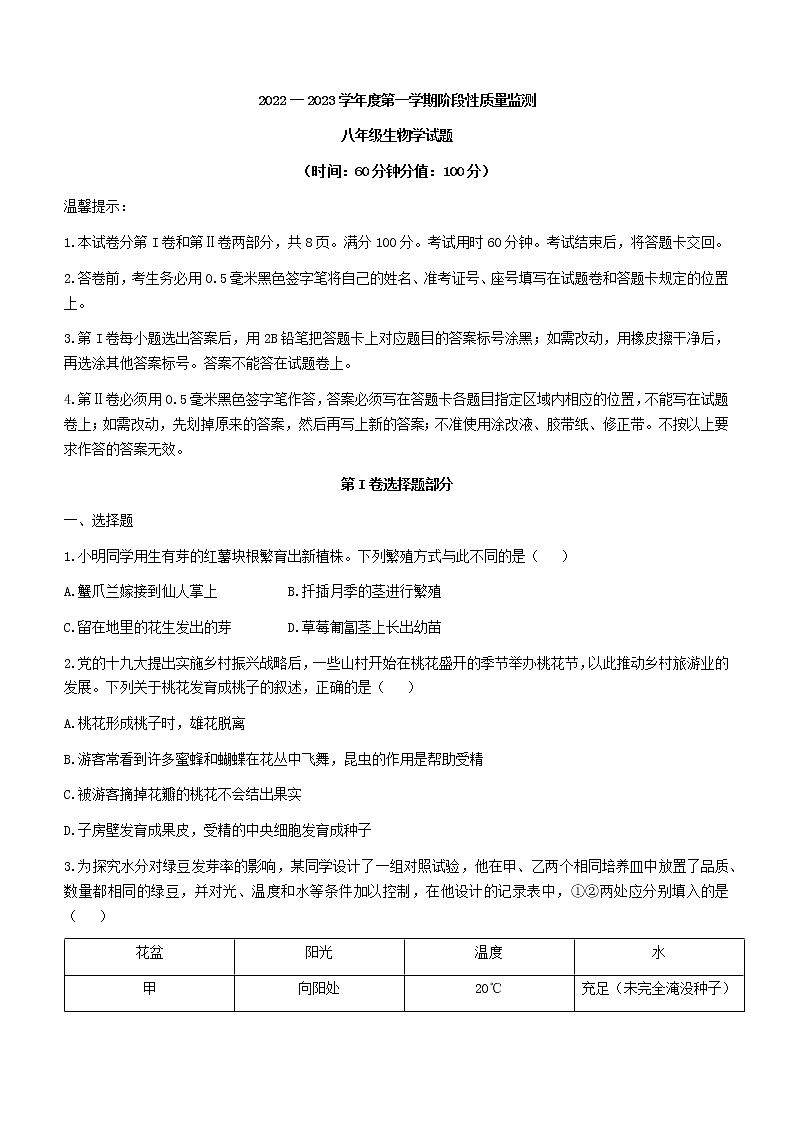 山东省滨州市阳信县2022-2023学年八年级上学期期中生物试题(含答案)01