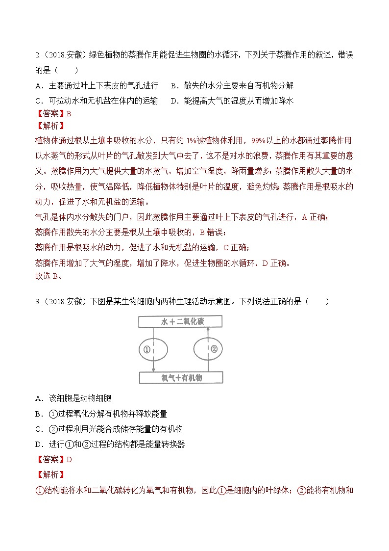 专题04 绿色植物的 蒸腾作用、光合作用和呼吸作用-5年（2018-2022）中考1年模拟生物分项汇编（安徽专用）（解析版）第2页