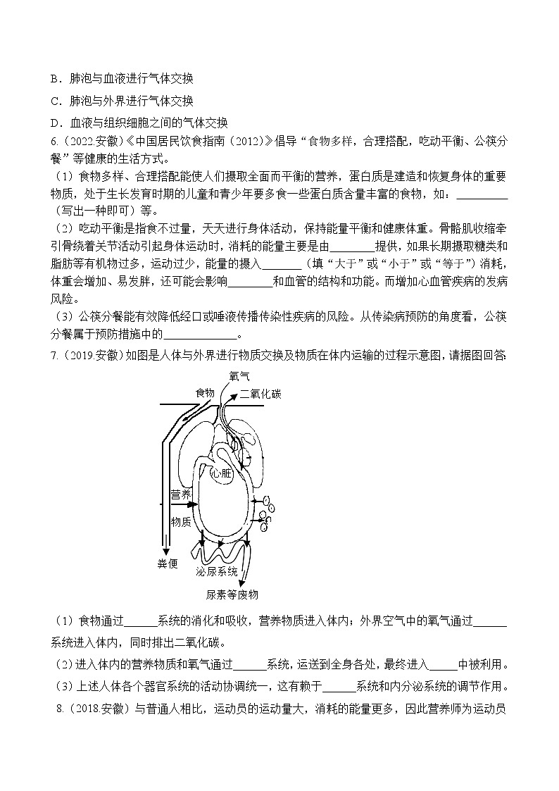 专题05 人体的营养和呼吸-5年（2018-2022）中考1年模拟生物分项汇编（安徽专用）（原卷版）第2页