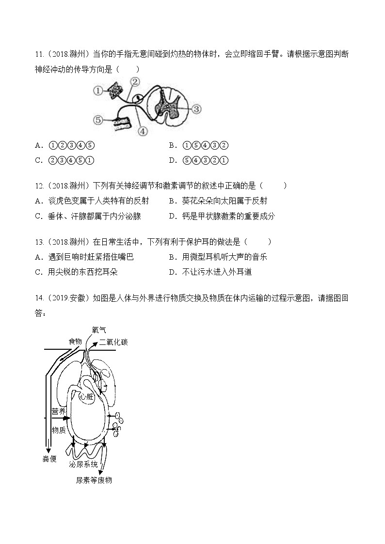 2018-2022年安徽中考生物5年真题1年模拟汇编 专题07 人体生命活动的调节（学生卷+教师卷）03