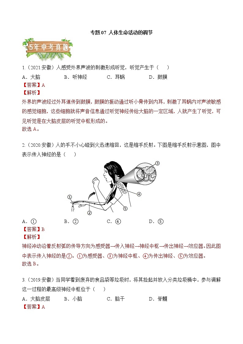 2018-2022年安徽中考生物5年真题1年模拟汇编 专题07 人体生命活动的调节（学生卷+教师卷）01