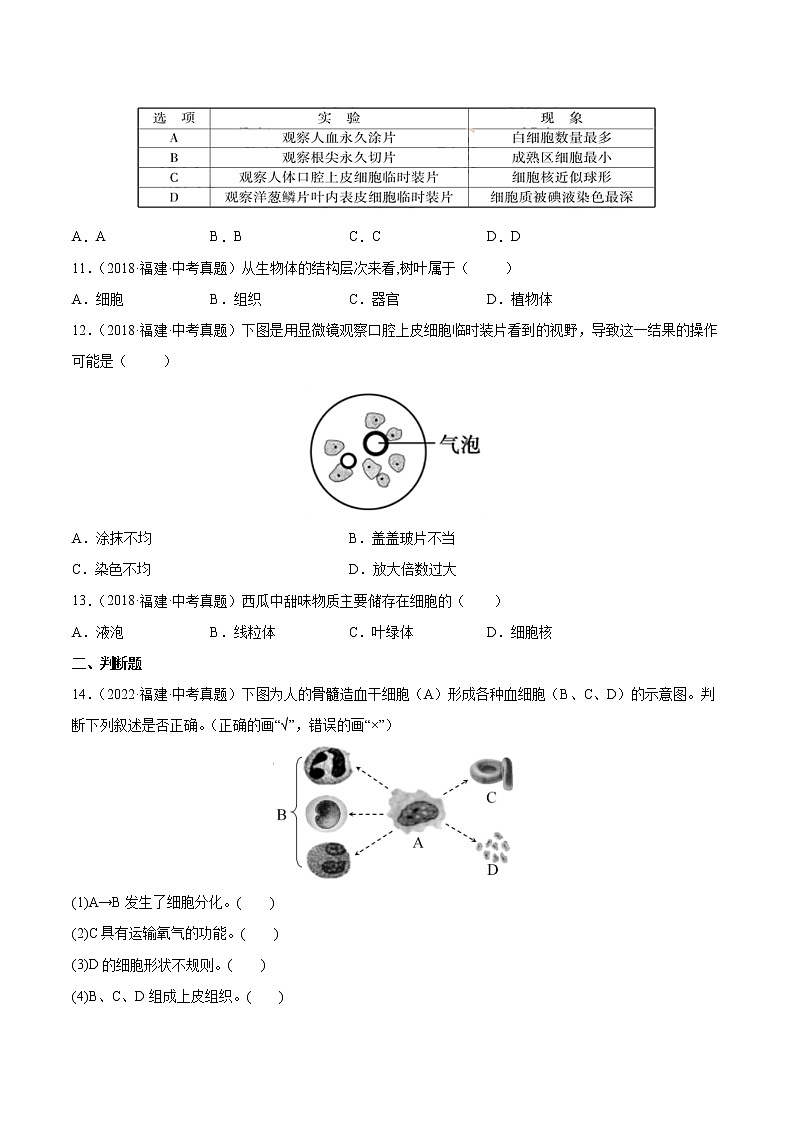 2018-2022年福建中考生物5年真题1年模拟汇编 专题02 生物体的结构层次（学生卷+教师卷）02