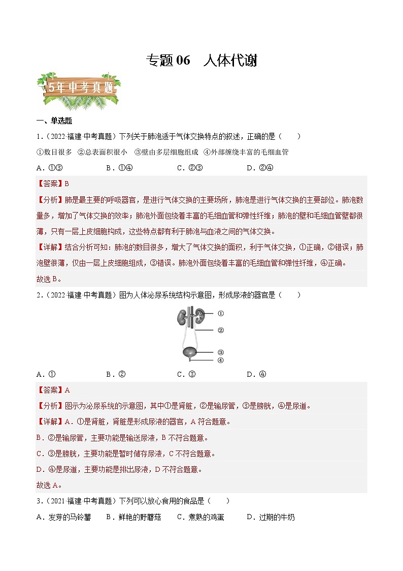 2018-2022年福建中考生物5年真题1年模拟汇编 专题06 人体代谢（消化、呼吸、循环、泌尿）（学生卷+教师卷）01