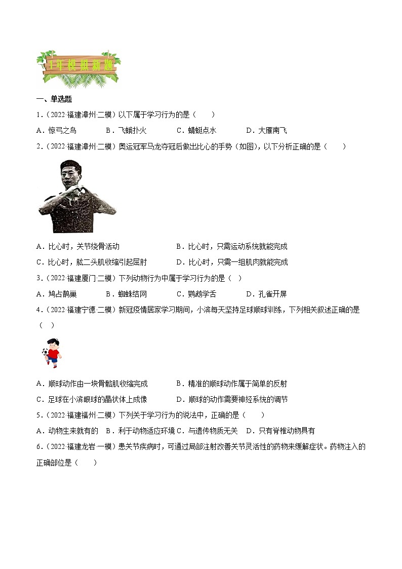 专题08 运动和行为-5年（2018-2022）中考1年模拟生物分项汇编（福建专用）（原卷版）第3页