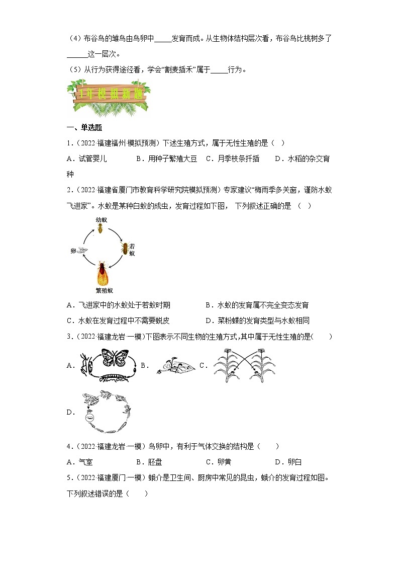 专题09 生殖和发育-5年（2018-2022）中考1年模拟生物分项汇编（福建专用）（原卷版）第3页