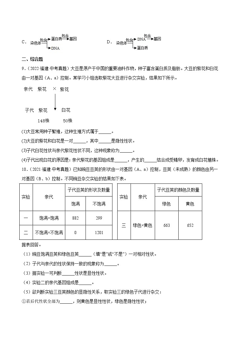 2018-2022年福建中考生物5年真题1年模拟汇编 专题10 遗传和变异（学生卷+教师卷）02