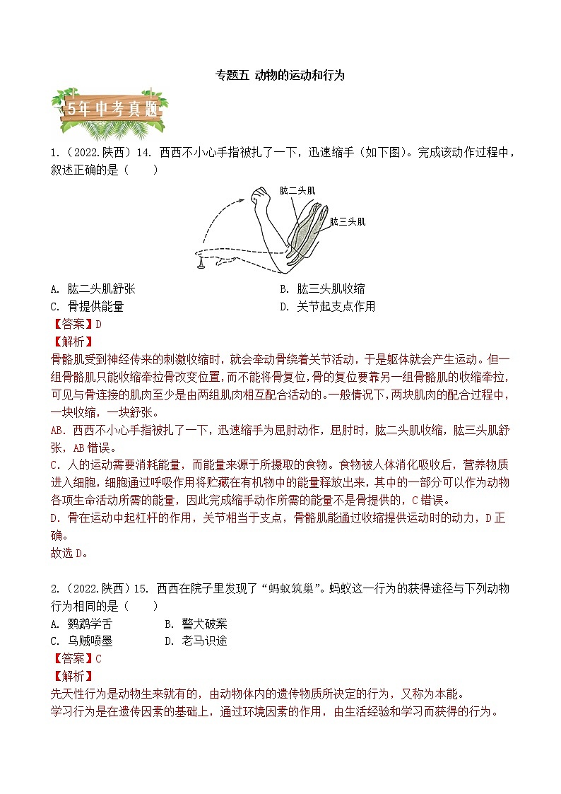 专题05 动物的运动和行为-5年（2018-2022）中考1年模拟生物分项汇编（陕西专用）（解析版）第1页