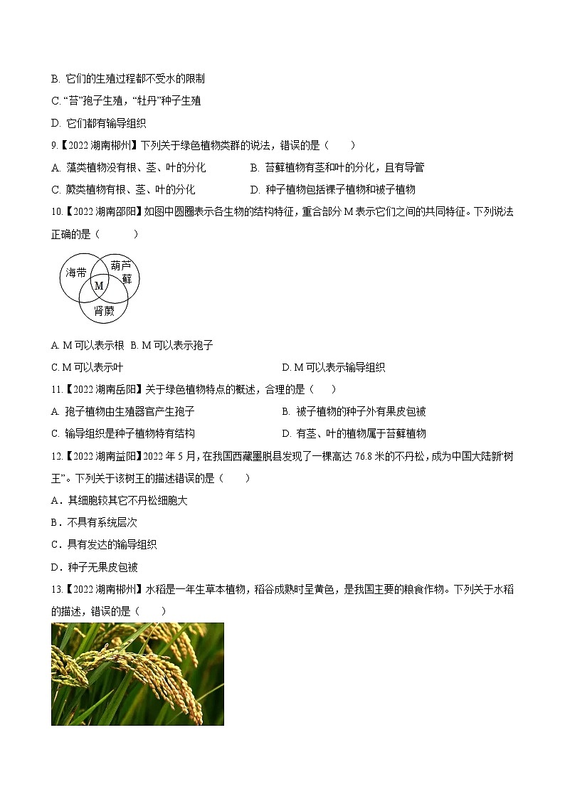 2020-2022年湖南中考生物3年真题汇编 专题03 绿色开花植物的一生（学生卷+教师卷）02