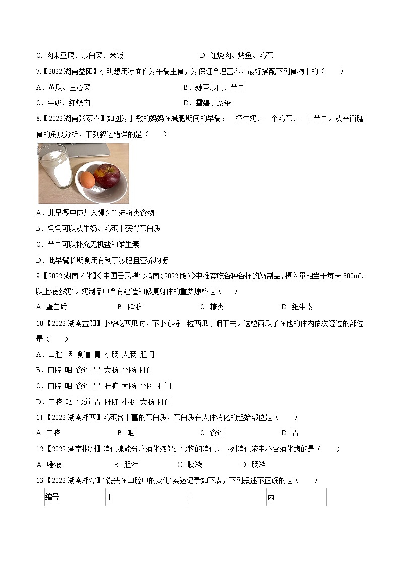 2020-2022年湖南中考生物3年真题汇编 专题06 人体的营养（学生卷+教师卷）02