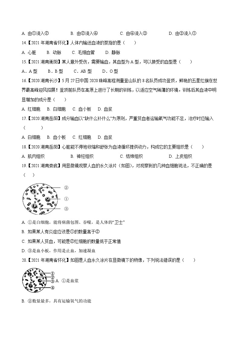 专题08 人体内物质的运输-三年（2020-2022）中考生物真题分项汇编（湖南专用）（原卷版）第3页