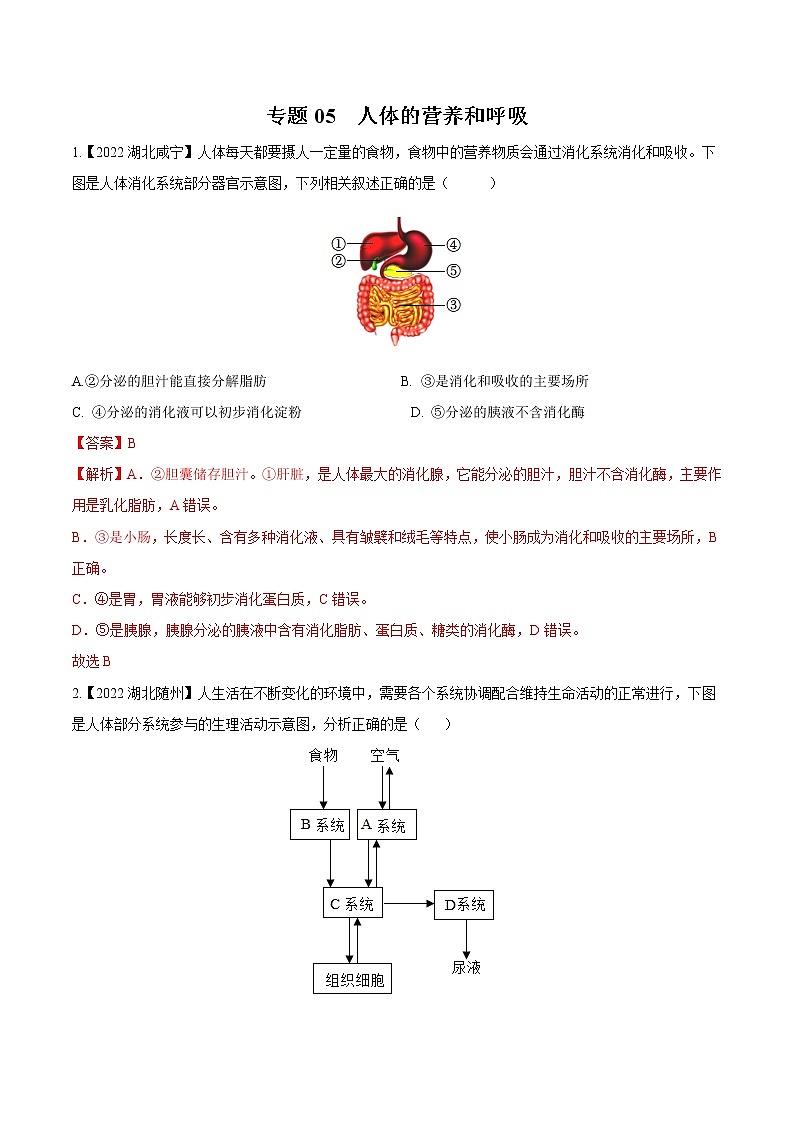 2020-2022年湖北中考生物3年真题汇编 专题05 人体的营养和呼吸（学生卷+教师卷）01