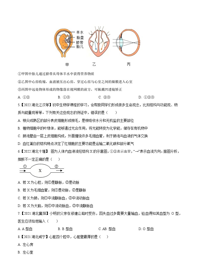 专题06 人体内物质的运输-三年（2020-2022）中考生物真题分项汇编（湖北专用）（原卷版）第2页