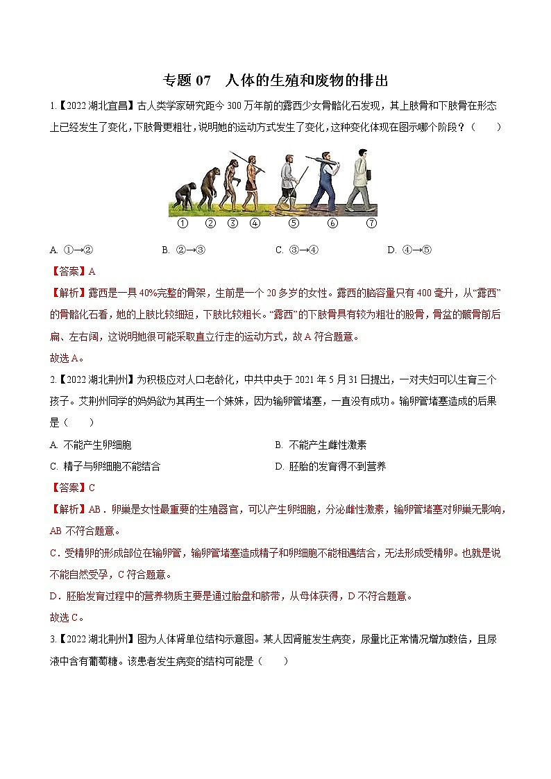 2020-2022年湖北中考生物3年真题汇编 专题07 人体的生殖和废物的排出（学生卷+教师卷）01