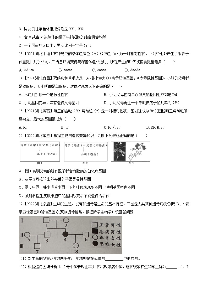 2020-2022年湖北中考生物3年真题汇编 专题13 生物的遗传和变异（学生卷+教师卷）03