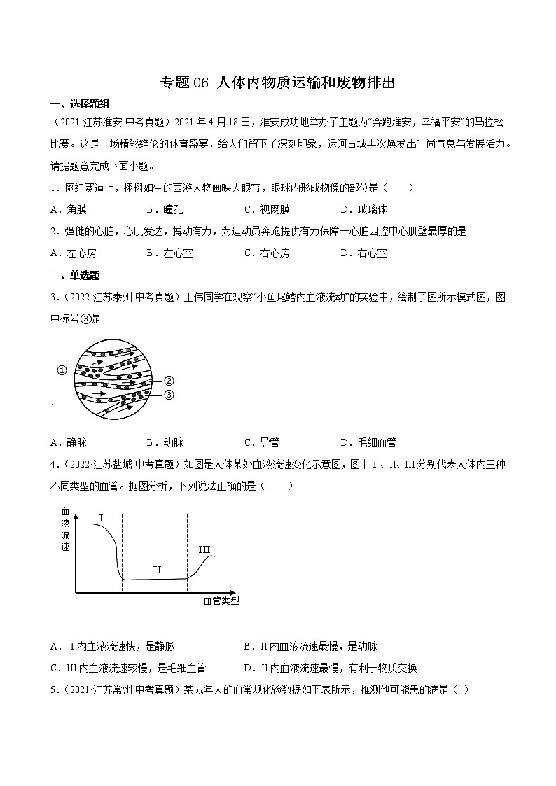 2020-2022年江苏中考生物3年真题汇编 专题06 人体内物质运输和废物排出（学生卷+教师卷）01