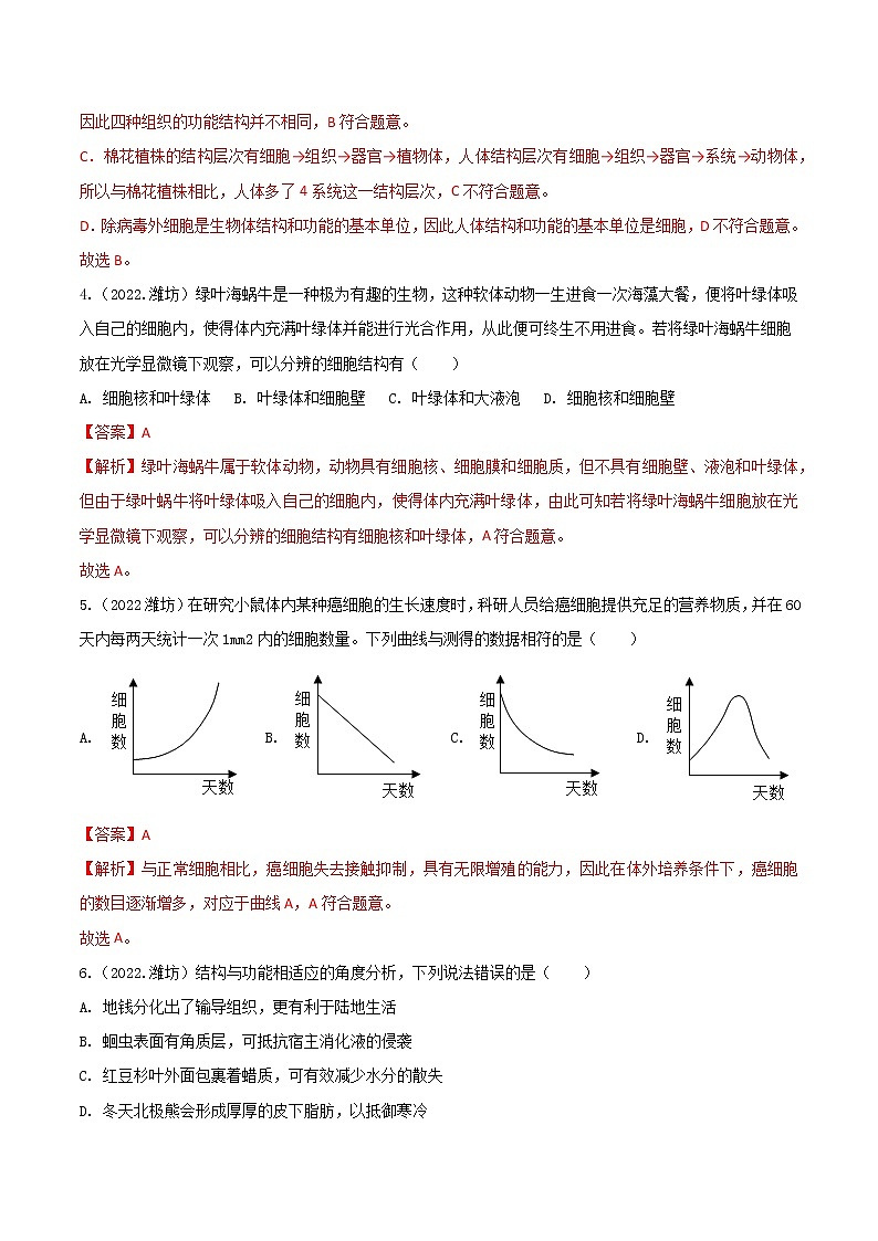 专题02 生物体的结构层次-三年（2020-2022）中考生物真题分项汇编（山东专用）（解析版）第3页