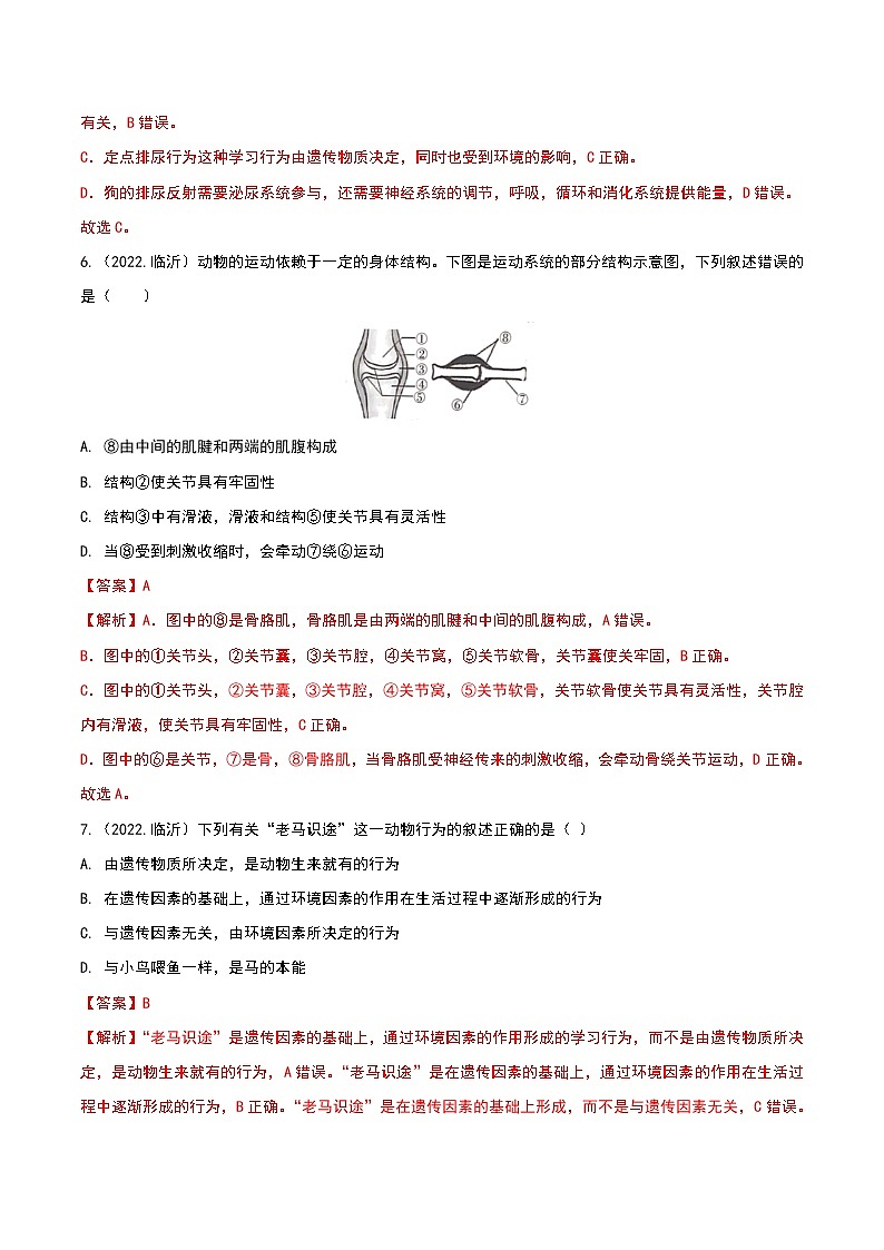 专题08 动物的运动和行为-三年（2020-2022）中考生物真题分项汇编（山东专用）（解析版）第3页