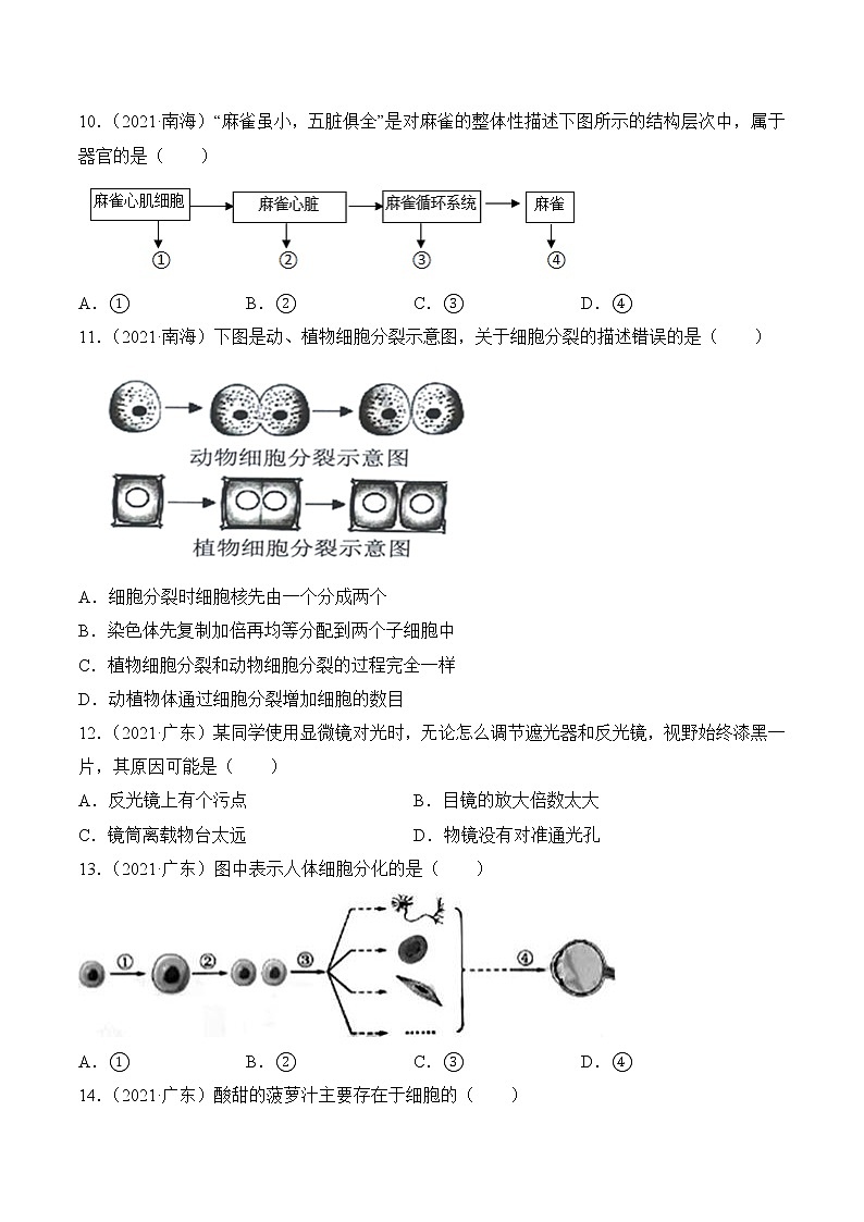 2020-2022年广东中考生物3年真题汇编 专题02 生物体的结构层次（学生卷+教师卷）02