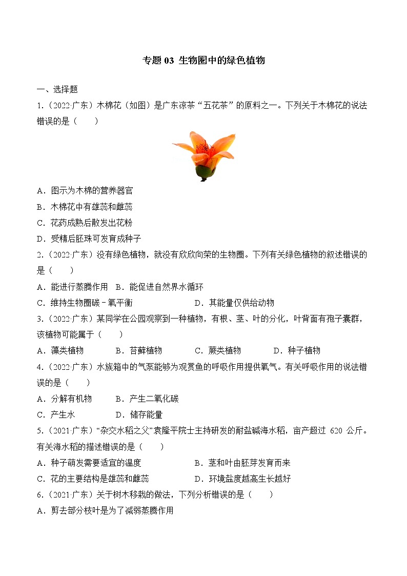 2020-2022年广东中考生物3年真题汇编 专题03 生物圈中的绿色植物（学生卷+教师卷）01