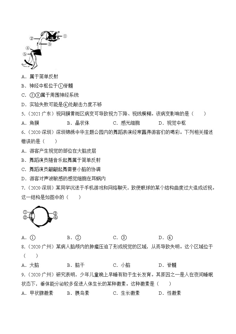 2020-2022年广东中考生物3年真题汇编 专题06 人体生命活动的调节（学生卷+教师卷）02