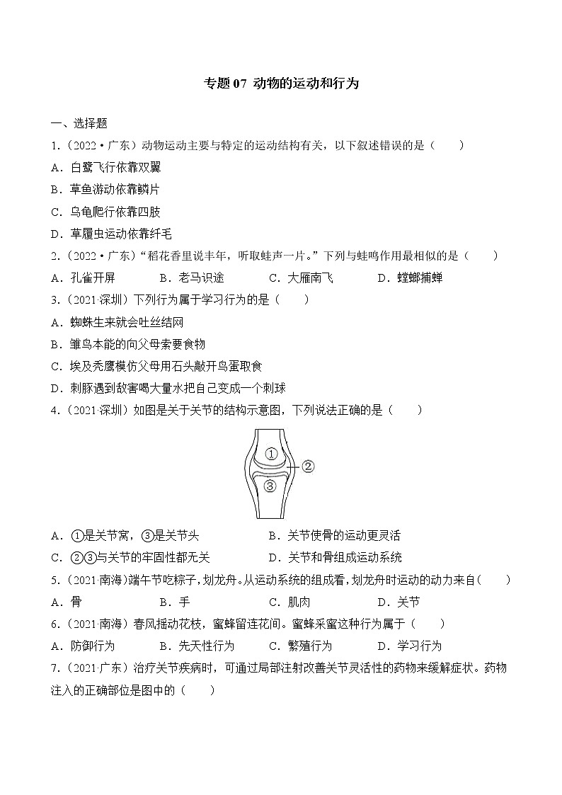 专题07 动物的运动和行为-广东三年中考真题分类汇编（原卷版）第1页
