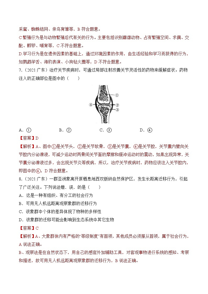 专题07 动物的运动和行为-广东三年中考真题分类汇编（解析版）第3页