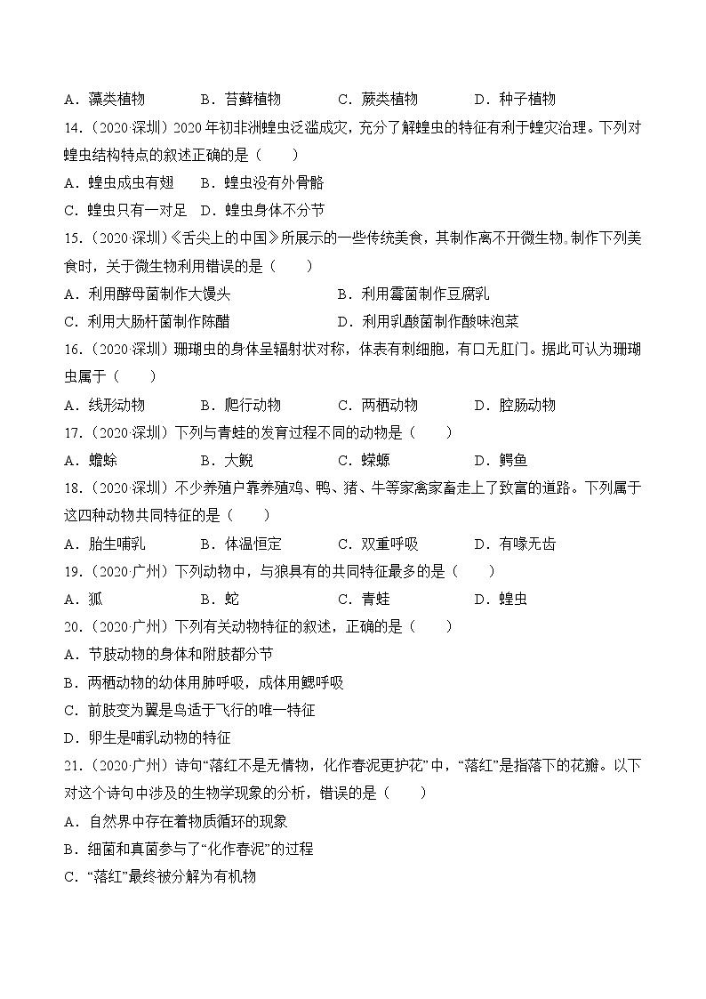 2020-2022年广东中考生物3年真题汇编 专题08 动物、植物和微生物的类群（学生卷+教师卷）03