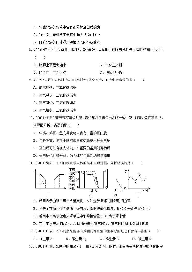 专题05 人体的营养和呼吸-三年（2020-2022）中考生物真题分项汇编（四川专用）（原卷版）第3页