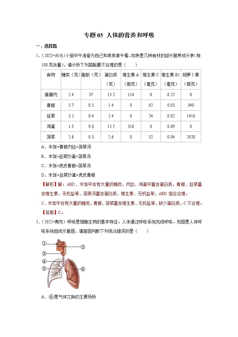 专题05 人体的营养和呼吸-三年（2020-2022）中考生物真题分项汇编（四川专用）（解析版）第1页