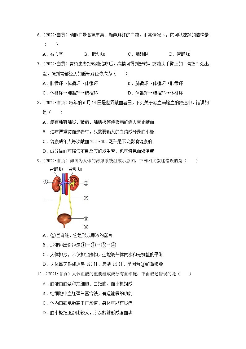 2020-2022年四川中考生物3年真题汇编 专题06 人体内物质运输和废物排出（学生卷+教师卷）02