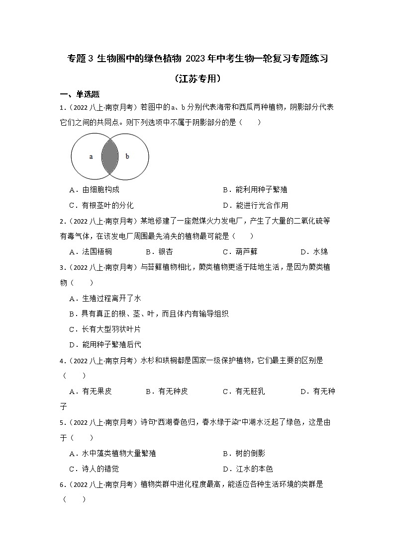 专题3 生物圈中的绿色植物 2023年中考生物一轮复习专题练习（江苏专用）第1页