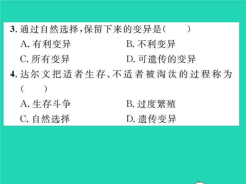 2022八年级生物下册第七单元生物圈中生命的延续和发展第三章生命起源和生物进化第三节生物进化的原因第2课时自然选择习题课件新版新人教版07